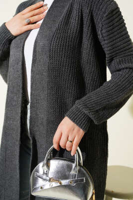 Selanik Örgülü Uzun Triko Hırka Füme - Hırka