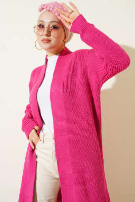 Selanik Örgülü Uzun Triko Hırka Fuşya 