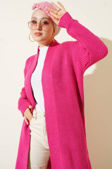 Selanik Örgülü Uzun Triko Hırka Fuşya - Hırka