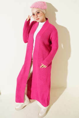 Selanik Örgülü Uzun Triko Hırka Fuşya - Hırka