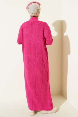 Selanik Örgülü Uzun Triko Hırka Fuşya - Hırka