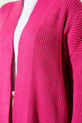 Selanik Örgülü Uzun Triko Hırka Fuşya - Hırka