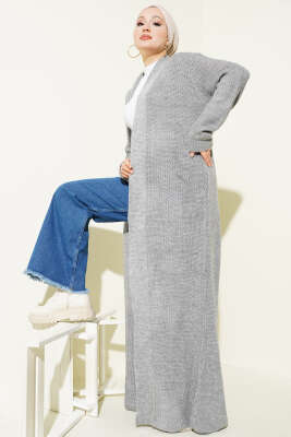 Selanik Örgülü Uzun Triko Hırka Gri 