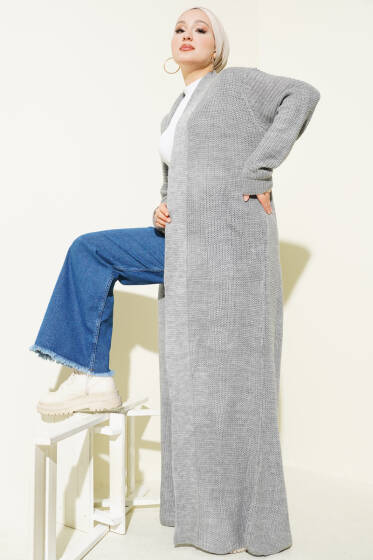 Selanik Örgülü Uzun Triko Hırka Gri - Hırka