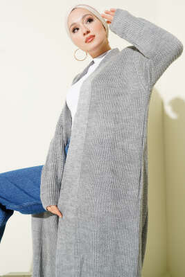 Selanik Örgülü Uzun Triko Hırka Gri - Hırka