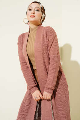 Selanik Örgülü Uzun Triko Hırka Gül Kurusu 