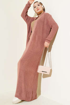 Selanik Örgülü Uzun Triko Hırka Gül Kurusu - Hırka