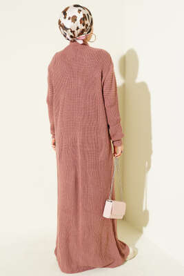 Selanik Örgülü Uzun Triko Hırka Gül Kurusu - Hırka