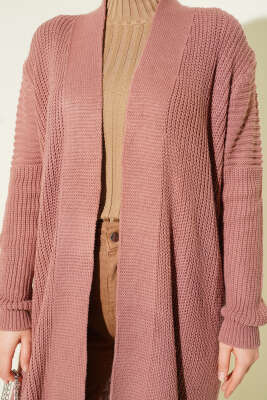 Selanik Örgülü Uzun Triko Hırka Gül Kurusu - Hırka