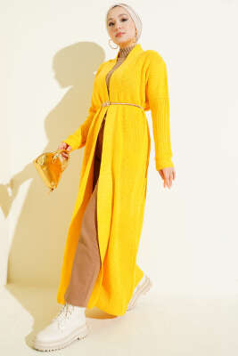 Selanik Örgülü Uzun Triko Hırka Hardal 