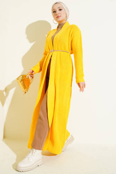 Selanik Örgülü Uzun Triko Hırka Hardal - Hırka