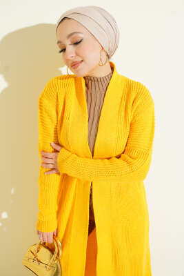 Selanik Örgülü Uzun Triko Hırka Hardal - Hırka