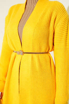 Selanik Örgülü Uzun Triko Hırka Hardal - Hırka