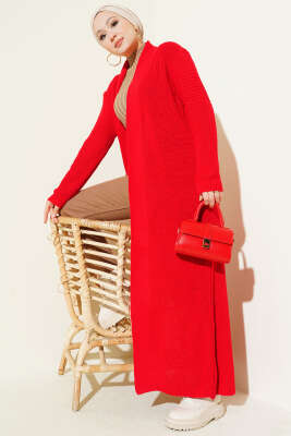 Selanik Örgülü Uzun Triko Hırka Kırmızı 