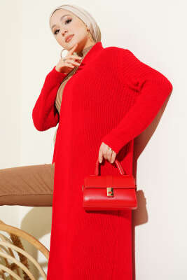 Selanik Örgülü Uzun Triko Hırka Kırmızı - Hırka