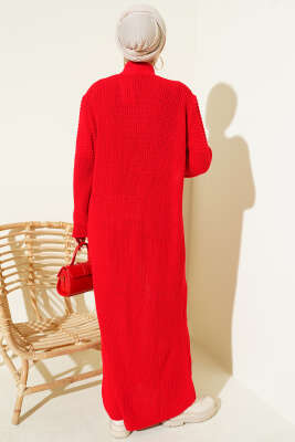 Selanik Örgülü Uzun Triko Hırka Kırmızı - Hırka