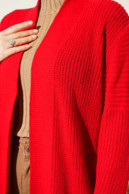 Selanik Örgülü Uzun Triko Hırka Kırmızı - Hırka