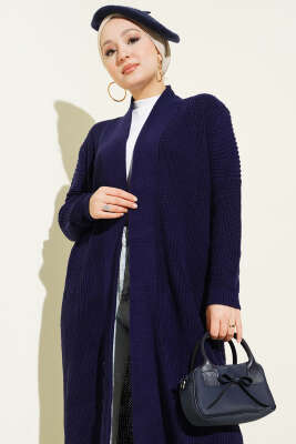 Selanik Örgülü Uzun Triko Hırka Lacivert - Hırka