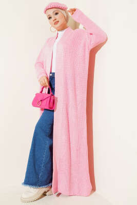 Selanik Örgülü Uzun Triko Hırka Pembe - RAFİMİX