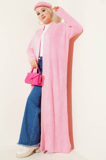 Selanik Örgülü Uzun Triko Hırka Pembe - Hırka