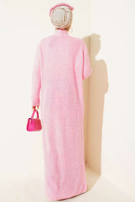 Selanik Örgülü Uzun Triko Hırka Pembe - Hırka
