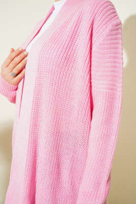 Selanik Örgülü Uzun Triko Hırka Pembe - Hırka