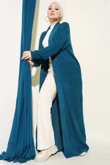 Selanik Örgülü Uzun Triko Hırka Petrol - Hırka