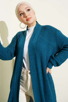 Selanik Örgülü Uzun Triko Hırka Petrol - Hırka