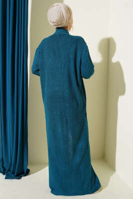 Selanik Örgülü Uzun Triko Hırka Petrol - Hırka