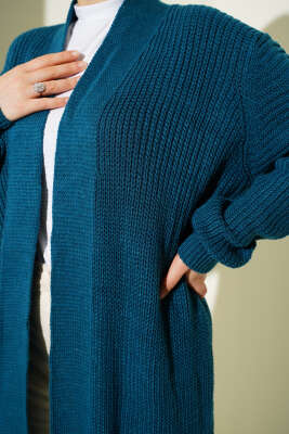 Selanik Örgülü Uzun Triko Hırka Petrol - Hırka