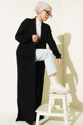 Selanik Örgülü Uzun Triko Hırka Siyah - RAFİMİX