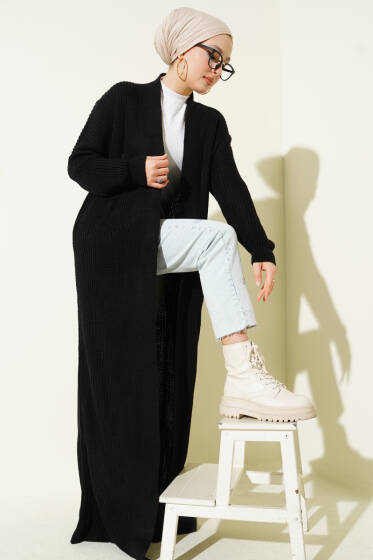 Selanik Örgülü Uzun Triko Hırka Siyah - Hırka