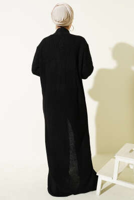 Selanik Örgülü Uzun Triko Hırka Siyah - Hırka