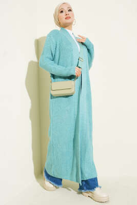 Selanik Örgülü Uzun Triko Hırka Turkuaz - RAFİMİX