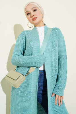 Selanik Örgülü Uzun Triko Hırka Turkuaz - Hırka