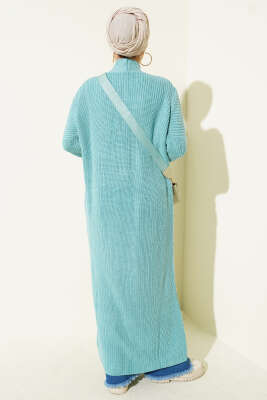 Selanik Örgülü Uzun Triko Hırka Turkuaz - Hırka