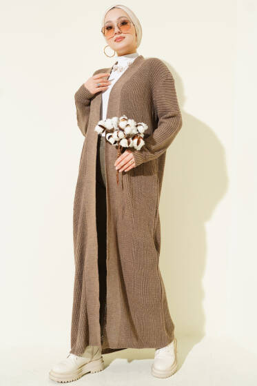 Selanik Örgülü Uzun Triko Hırka Vizon - Hırka