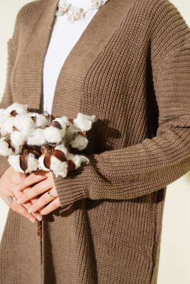 Selanik Örgülü Uzun Triko Hırka Vizon - Hırka