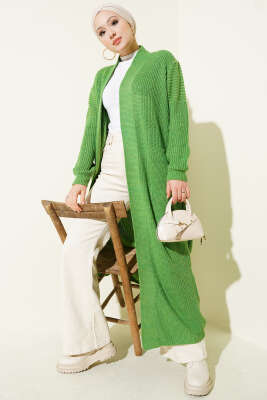 Selanik Örgülü Uzun Triko Hırka Yeşil - RAFİMİX