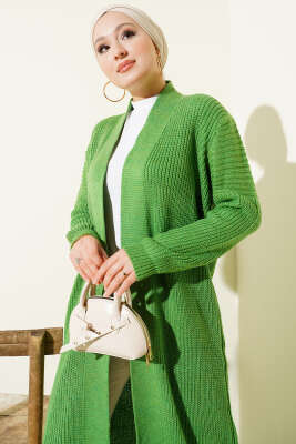 Selanik Örgülü Uzun Triko Hırka Yeşil - Hırka