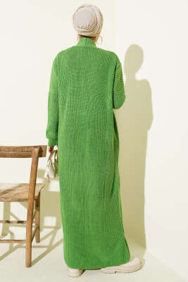 Selanik Örgülü Uzun Triko Hırka Yeşil - Hırka