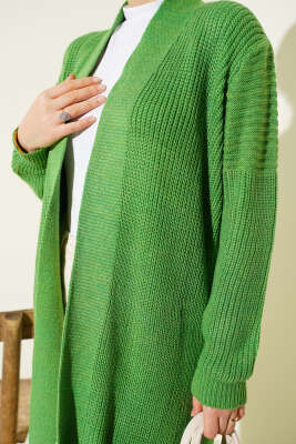 Selanik Örgülü Uzun Triko Hırka Yeşil - Hırka