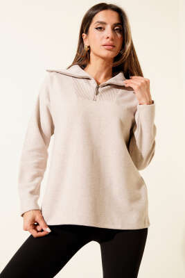 Selanik Yaka Fermuarlı Sweatshirt Bej - Kadın Giyim Modelleri