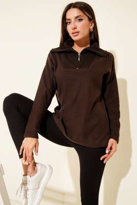 Selanik Yaka Fermuarlı Sweatshirt Kahve - Kadın Giyim Modelleri