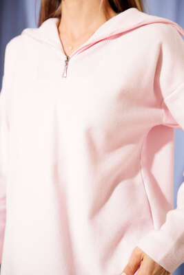 Selanik Yaka Fermuarlı Sweatshirt Pembe - Kadın Giyim Modelleri