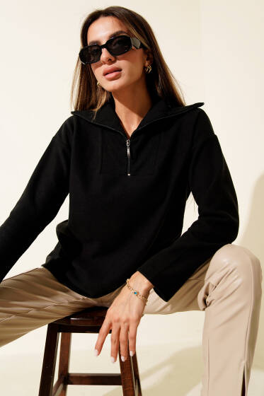 Selanik Yaka Fermuarlı Sweatshirt Siyah - Kadın Giyim Modelleri