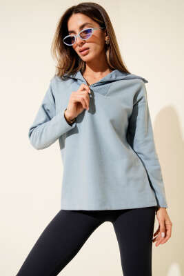 Selanik Yaka Fermuarlı Sweatshirt Bebe Mavi 