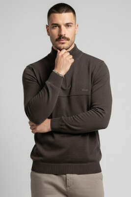 Selanik Yarım Fermuarlı Erkek Sweatshirt Acı Kahve - BESSE