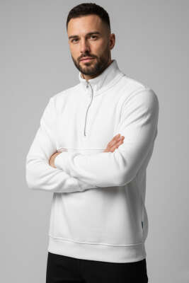 Selanik Yarım Fermuarlı Erkek Sweatshirt Beyaz - BESSE