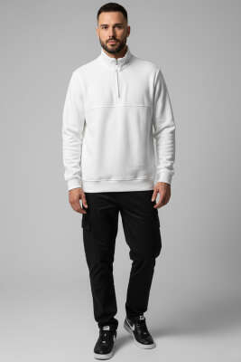 Selanik Yarım Fermuarlı Erkek Sweatshirt Beyaz - Erkek Sweatshirt